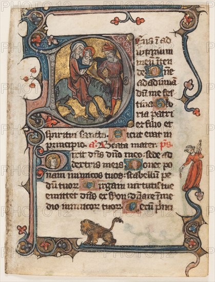 Leaf from a Book of Hours:  Initial D: Flight into Egypt (2 of 2 Excised Leaves), early 1300s. Northern France or Flanders, early 14th Century. Ink, tempera, and gold on vellum; leaf: 13 x 9.7 cm (5 1/8 x 3 13/16 in.)