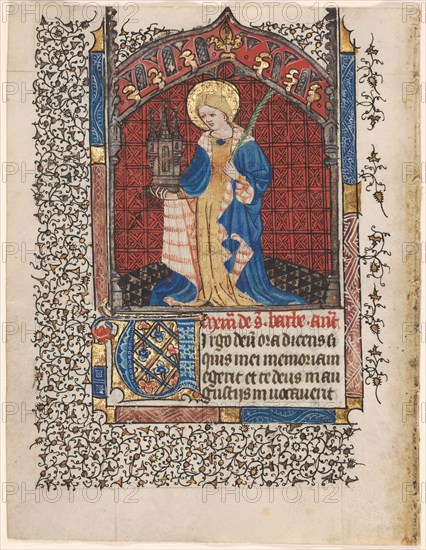 Leaf from a Book of Hours: St. Barbara (6 of 6 Excised Leaves), c. 1420-1430. Or workshop Henri d'Orquevaulx (French). Ink, tempera, silver, and gold on vellum; leaf: 16.1 x 12.4 cm (6 5/16 x 4 7/8 in.)