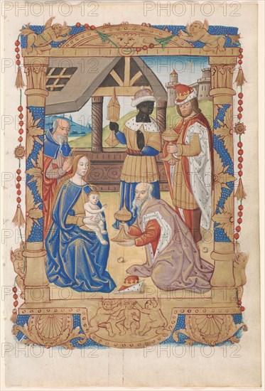 Leaf from a Book of Hours: Adoration of the Magi (recto), c. 1510. France, Rouen, 16th century. Ink, tempera and liquid gold on vellum; leaf: 19.5 x 13 cm (7 11/16 x 5 1/8 in.)