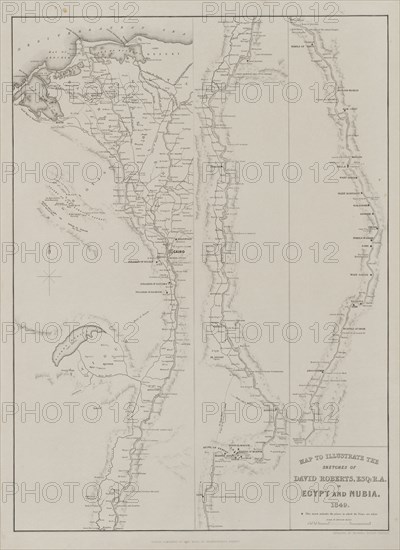 Egypt and Nubia, Volume III: Map to Illustrate the Sketches of David Roberts, Esq: R.A. in Egypt and Nubia 1849, 1849. Louis Haghe (British, 1806-1885), F.G.Moon, 20 Threadneedle Street, London, after David Roberts (British, 1796-1864). Engraving; sheet: 60.4 x 43.9 cm (23 3/4 x 17 5/16 in.); image: 54.6 x 39.9 cm (21 1/2 x 15 11/16 in.)