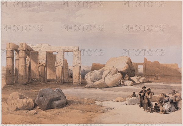 Egypt and Nubia, Volume II: Fragments of the Great Colossi at the Memnonium, Thebes, 1847. Louis Haghe (British, 1806-1885), F.G.Moon, 20 Threadneedle Street, London, after David Roberts (British, 1796-1864). Color lithograph; sheet: 43.4 x 60.4 cm (17 1/16 x 23 3/4 in.); image: 34.8 x 51 cm (13 11/16 x 20 1/16 in.)