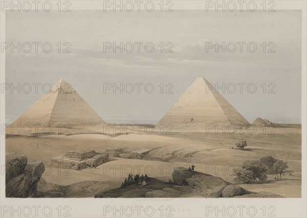 Egypt and Nubia, Volume II: Pyramids of Geezeh, 1848. Louis Haghe (British, 1806-1885), F.G.Moon, 20 Threadneedle Street, London, after David Roberts (British, 1796-1864). Color lithograph; sheet: 43.8 x 60.2 cm (17 1/4 x 23 11/16 in.); image: 34 x 53.5 cm (13 3/8 x 21 1/16 in.)