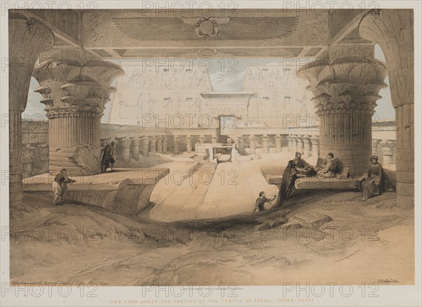 Egypt and Nubia, Volume I: View from Under the Portico of the Temple of Edfou, Upper Egypt, 1847. Louis Haghe (British, 1806-1885), F.G.Moon, 20 Threadneedle Street, London, after David Roberts (British, 1796-1864). Color lithograph; sheet: 42.8 x 60.2 cm (16 7/8 x 23 11/16 in.); image: 34.4 x 50.2 cm (13 9/16 x 19 3/4 in.).