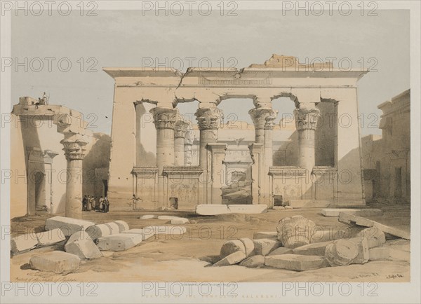 Egypt and Nubia, Volume I: Portico of the Temple of Kalabshe, 1847. Louis Haghe (British, 1806-1885), F.G.Moon, 20 Threadneedle Street, London, after David Roberts (British, 1796-1864). Color lithograph; sheet: 42.9 x 60.3 cm (16 7/8 x 23 3/4 in.); image: 35 x 51.1 cm (13 3/4 x 20 1/8 in.).