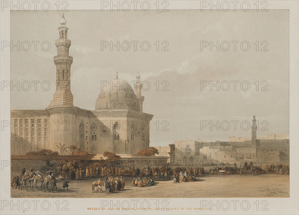 Egypt and Nubia, Volume III: Mosque of Sultan Hassan, from the Great Square of the Rameyleh, 1849. Louis Haghe (British, 1806-1885), F.G.Moon, 20 Threadneedle Street, London, after David Roberts (British, 1796-1864). Color lithograph; sheet: 43.8 x 60.3 cm (17 1/4 x 23 3/4 in.); image: 32.8 x 48.6 cm (12 15/16 x 19 1/8 in.)