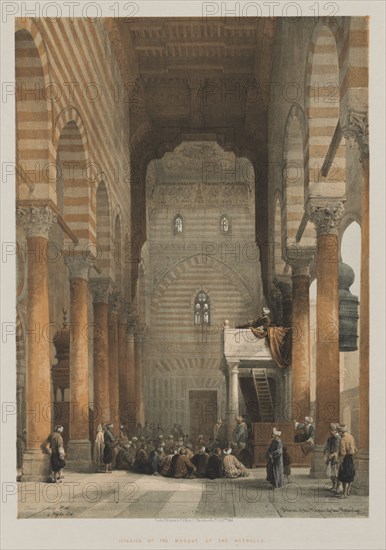 Egypt and Nubia, Volume III: Interior of the Mosque of the Metwalys, 1849. Louis Haghe (British, 1806-1885), F.G.Moon, 20 Threadneedle Street, London, after David Roberts (British, 1796-1864). Color lithograph; sheet: 60.3 x 43.5 cm (23 3/4 x 17 1/8 in.); image: 49.8 x 35.1 cm (19 5/8 x 13 13/16 in.)