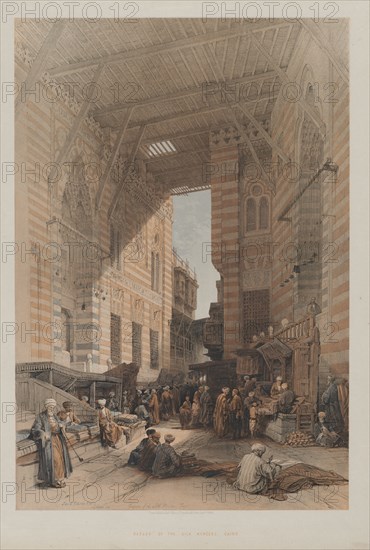 Egypt and Nubia, Volume III: Bazaar of the Silk Mercers, Cairo, 1848. Louis Haghe (British, 1806-1885), F.G.Moon, 20 Threadneedle Street, London, after David Roberts (British, 1796-1864). Color lithograph; sheet: 60.2 x 43 cm (23 11/16 x 16 15/16 in.); image: 50.3 x 34.2 cm (19 13/16 x 13 7/16 in.)