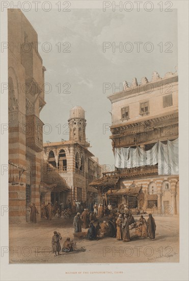 Egypt and Nubia, Volume III: Bazaar of the Coppersmiths, Cairo, 1848. Louis Haghe (British, 1806-1885), F.G.Moon, 20 Threadneedle Street, London, after David Roberts (British, 1796-1864). Color lithograph; sheet: 60.4 x 43.1 cm (23 3/4 x 16 15/16 in.); image: 48.5 x 32.6 cm (19 1/8 x 12 13/16 in.).