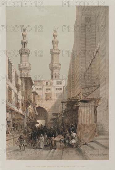 Egypt and Nubia, Volume III: Minarets, and Grand Entrance of the Metwaleys, at Cairo, 1848. Louis Haghe (British, 1806-1885), F.G.Moon, 20 Threadneedle Street, London, after David Roberts (British, 1796-1864). Color lithograph; sheet: 63 x 43.1 cm (24 13/16 x 16 15/16 in.); image: 48.6 x 32.5 cm (19 1/8 x 12 13/16 in.)