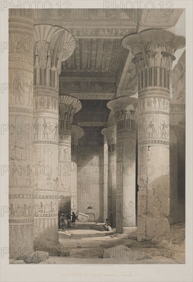 Egypt and Nubia, Volume I: View Under the Grand Portico of the Temple, Philae, 1846. Louis Haghe (British, 1806-1885), F.G.Moon, 20 Threadneedle Street, London, after David Roberts (British, 1796-1864). Color lithograph; sheet: 60.3 x 43.7 cm (23 3/4 x 17 3/16 in.); image: 50.2 x 34.8 cm (19 3/4 x 13 11/16 in.)