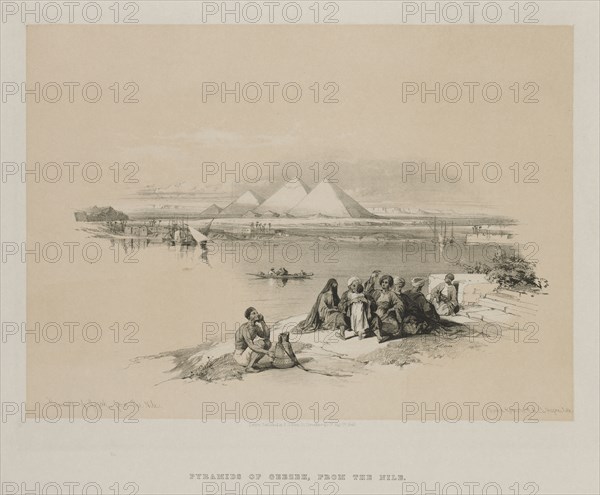 Egypt and Nubia, Volume I: Pyramids of Geezeh, from the Nile, 1846. Louis Haghe (British, 1806-1885), F.G.Moon, 20 Threadneedle Street, London, after David Roberts (British, 1796-1864). Color lithograph; sheet: 37 x 43.8 cm (14 9/16 x 17 1/4 in.); image: 25.2 x 35 cm (9 15/16 x 13 3/4 in.)