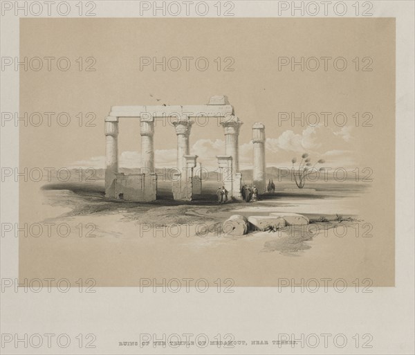 Egypt and Nubia, Volume II: Ruins of the Temple of Madamoud, at Thebes, 1847. Louis Haghe (British, 1806-1885), F.G.Moon, 20 Threadneedle Street, London, after David Roberts (British, 1796-1864). Color lithograph; sheet: 37.8 x 43.6 cm (14 7/8 x 17 3/16 in.); image: 25 x 35 cm (9 13/16 x 13 3/4 in.).