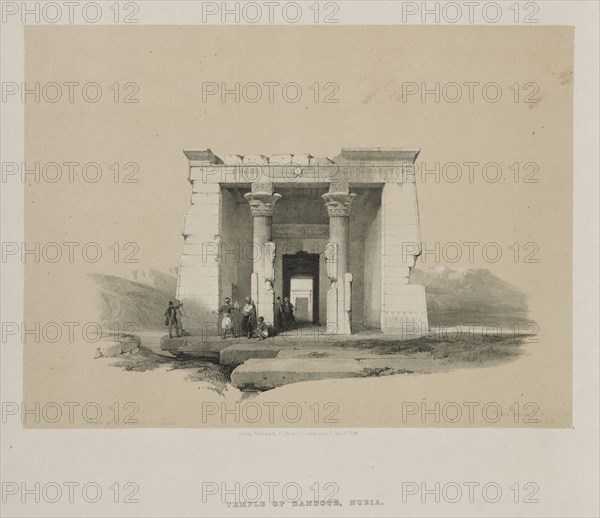 Egypt and Nubia, Volume II: Temple of Dandour, Nubia, 1848. Louis Haghe (British, 1806-1885), F.G.Moon, 20 Threadneedle Street, London, after David Roberts (British, 1796-1864). Color lithograph; sheet: 37.4 x 43.7 cm (14 3/4 x 17 3/16 in.); image: 26 x 35.3 cm (10 1/4 x 13 7/8 in.)