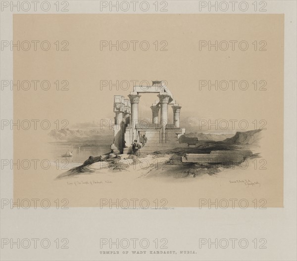 Egypt and Nubia, Volume II: Ruins of the Temple of Kardeseh, Nubia, 1848. Louis Haghe (British, 1806-1885), F.G.Moon, 20 Threadneedle Street, London, after David Roberts (British, 1796-1864). Color lithograph; sheet: 39.3 x 43.8 cm (15 1/2 x 17 1/4 in.); image: 25.2 x 35.2 cm (9 15/16 x 13 7/8 in.).