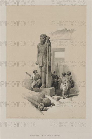 Egypt and Nubia, Volume II: Colossus in Front of the Temple at Wady Saboua, Nubia, 1847. Louis Haghe (British, 1806-1885), F.G.Moon, 20 Threadneedle Street, London, after David Roberts (British, 1796-1864). Color lithograph; sheet: 45.5 x 40.5 cm (17 15/16 x 15 15/16 in.); image: 34.6 x 24.3 cm (13 5/8 x 9 9/16 in.).