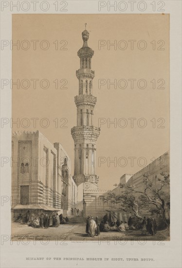 Egypt and Nubia, Volume III: Minaret of the Principal Mosque Siout, Upper Egypt, 1849. Louis Haghe (British, 1806-1885), F.G.Moon, 20 Threadneedle Street, London, after David Roberts (British, 1796-1864). Color lithograph; sheet: 44.9 x 43.5 cm (17 11/16 x 17 1/8 in.); image: 34.2 x 24 cm (13 7/16 x 9 7/16 in.)