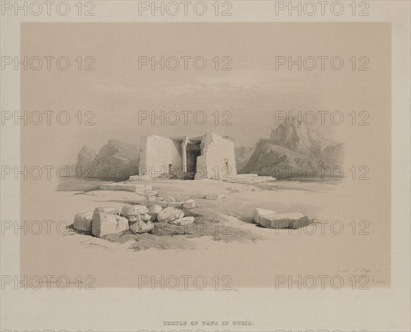 Egypt and Nubia, Volume I: Temple at Tafa in Nubia, 1846. Louis Haghe (British, 1806-1885), F.G.Moon, 20 Threadneedle Street, London, after David Roberts (British, 1796-1864). Color lithograph; sheet: 35.2 x 43.7 cm (13 7/8 x 17 3/16 in.); image: 25.3 x 35.1 cm (9 15/16 x 13 13/16 in.)