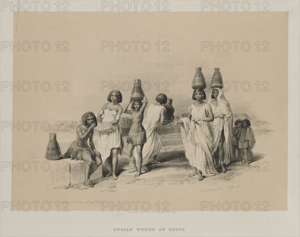 Egypt and Nubia, Volume I: Nubian Women at Kortie, on the Nile, 1847. Louis Haghe (British, 1806-1885), F.G.Moon, 20 Threadneedle Street, London, after David Roberts (British, 1796-1864). Color lithograph; sheet: 37.5 x 43 cm (14 3/4 x 16 15/16 in.); image: 25.5 x 35.3 cm (10 1/16 x 13 7/8 in.)