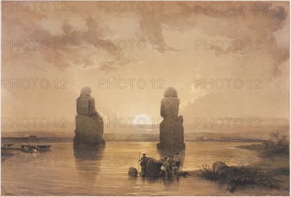 Egypt and Nubia, Volume II: Statues of Memnon at Thebes, during the Inundation, 1848. Louis Haghe (British, 1806-1885), F.G. Moon, 20 Threadneedle Street, London, after David Roberts (British, 1796-1864). Color lithograph; sheet: 43.5 x 60.3 cm (17 1/8 x 23 3/4 in.); image: 35.1 x 51.7 cm (13 13/16 x 20 3/8 in.)