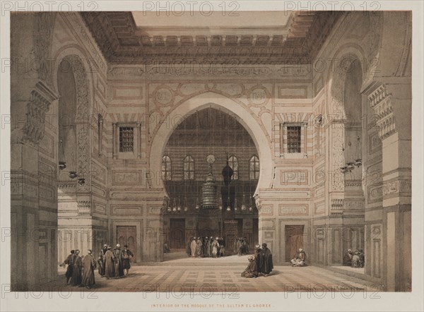 Egypt and Nubia, Volume III:  Interior of the Mosque of the Sultan El Ghoree, 1849. Louis Haghe (British, 1806-1885), F.G. Moon, 20 Threadneedle Street, London, after David Roberts (British, 1796-1864). Color lithograph; sheet: 43.7 x 60.3 cm (17 3/16 x 23 3/4 in.); image: 34.2 x 48.7 cm (13 7/16 x 19 3/16 in.)