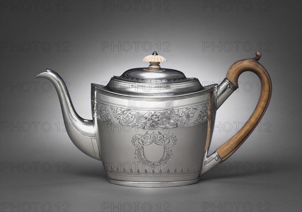 Tea Service (Teapot), 1801. Anne Bateman (British, 1748-1813), Peter Bateman (British, 1740-1825), William (I) Bateman (British, 1774-1850). Silver, ivory, wood; overall: 17 x 8.5 x 30.5 cm (6 11/16 x 3 3/8 x 12 in.).