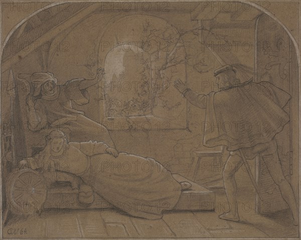 Sleeping Beauty (Dornröschen), 1864. Anonymous. Graphite with white heightening on medium-weight brown wove paper; sheet: 18 x 22.5 cm (7 1/16 x 8 7/8 in.).