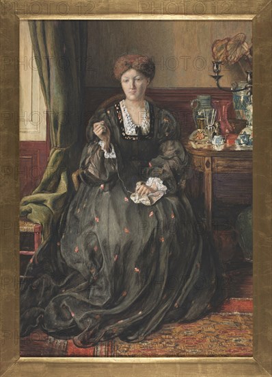 Thinking, Portrait of Emma Madox Brown, c. 1870. Catherine Madox Brown (British, 1850-1927). Watercolor and gouache on medium-weight wove paper; sight: 52.7 x 36.5 cm (20 3/4 x 14 3/8 in.).