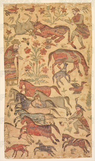 A marbled picture of Rustam catching Rakhsh, c. 1650. Attributed to Shafi (Indian, active about 1650). Opaque watercolor and gold on paper; page: 37.2 x 21 cm (14 5/8 x 8 1/4 in.).