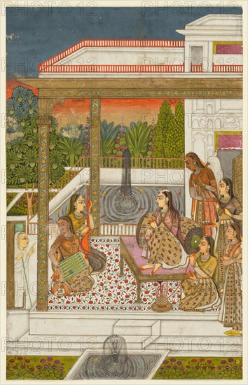 A princess with attendants on a terrace, c. 1720-1730. India, Hyderabad, Deccan, 18th century. Opaque watercolor with gold on paper; painting: 31.3 x 19.7 cm (12 5/16 x 7 3/4 in.).