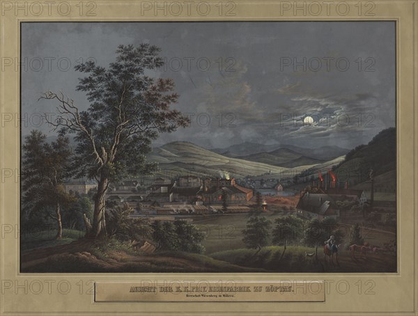 View of the K. K. Private Iron Factory in Zöptau, c. 1850. Carl Julius Rieden (German, 1802-1858), C. J. Rieden and E.W. Knippel, after Ernest William Knippel (German, 1811-1900). Lithograph hand-colored with gouache; sheet: 29.5 x 44.2 cm (11 5/8 x 17 3/8 in.); image: 29.5 x 44.2 cm (11 5/8 x 17 3/8 in.); mounted: 41 x 54.3 cm (16 1/8 x 21 3/8 in.).