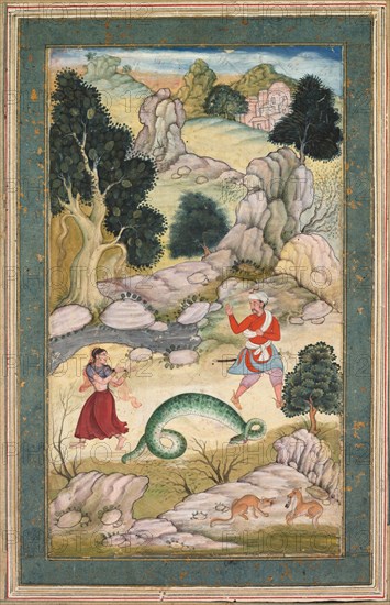 Lovers Parting, Page from a Book of Fables, c. 1590–95. Northern India, Mughal court, 16th century. Opaque watercolor with gold on paper, mounted on an album leaf with inner borders of gold-sprinkled blue paper and outer plain cream borders (recto); page: 36.1 x 24.8 cm (14 3/16 x 9 3/4 in.).