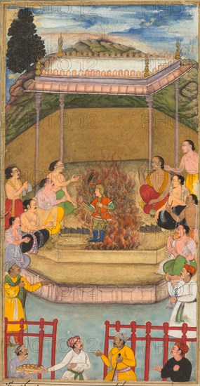 Yaja and Upayaja perform a sacrifice for the emergence of Dhrishtadyumna from the fire, from Adi-parva (volume one) of the Razm-nama (Book of Wars) adapted and translated into Persian by Mir Ghiyath al-Din Ali Qazvini, known as Naqib Khan (Persian, d. 1614) from the Sanskrit Mahabharata, 1598. Attributed to Bilal Habshi (probably Ethiopian, active late 1500s). Opaque watercolor with gold on paper, text on verso; page: 29.8 x 16.8 cm (11 3/4 x 6 5/8 in.).