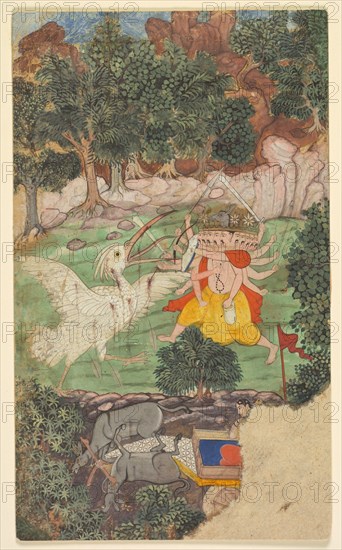 Battle of Ravana and Jatayu, from sarga (chapter) 49 of the Aranya-kanda (Book of the Forest) from a Ramayana (Rama’s Journey) of Valmiki (Indian, active c. mid-1000s BC), c. 1605. Mughal, perhaps made at Datia for Raja Bir Singh Deo (r. 1605–27). Opaque watercolor on paper, text on verso;
