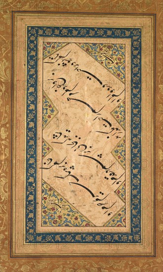 Calligraphy from a Ghazal of Badr al-Din Hilali Jaghata’i (Persian, active c. 1500), c. 1550; borders added c. 1700s and mounted upside down. Faqir Ali (Persian, active c. 1550–1610). Ink on paper (verso); page: 37.5 x 25.4 cm (14 3/4 x 10 in.).