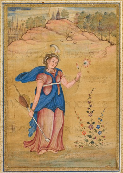 A female figure standing in a landscape holding a four-stringed “khuuchir” and a lotus, c. 1590. India, Mughal, late 16th century. Opaque watercolor with gold on paper, mounted with borders of gold-decorated cream and blue paper; page: 31.6 x 20.7 cm (12 7/16 x 8 1/8 in.).