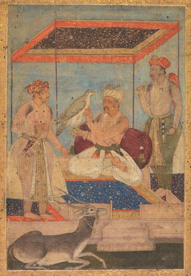 Akbar and Jahangir Examine a Ghir Falcon while Prince Khusrau Stands Behind, c. 1602-1604. India, Mughal, early 17th century. Opaque watercolor with gold on paper, gold foliate borders; page: 35.8 x 23.4 cm (14 1/8 x 9 3/16 in.).