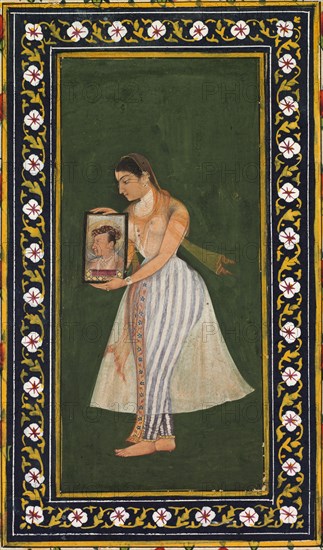 Nur Jahan, holding a portrait of Emperor Jahangir, c. 1627. Northern India, Mughal court, 17th century. Opaque watercolor and gold on paper; page: 30 x 22.1 cm (11 13/16 x 8 11/16 in.).