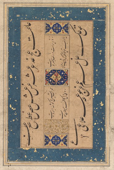 Persian ruba‘i (quatrain) by Maulana Mu?ammad Murshidi Zawara’i (Persian, late 1500s–early 1600s), c. 1610-1620. India, Mughal, 17th century. Ink, gold and opaque watercolor on paper, four lines of calligraphy with illuminated panels (verso); page: 28 x 21 cm (11 x 8 1/4 in.).
