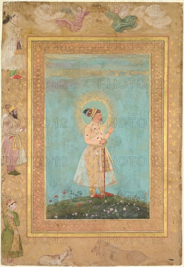 Shah Jahan holding a spinel and a long Deccan sword, from the Late Shah Jahan Album, c. 1650. India, Mughal, 17th century. Opaque watercolor and gold on paper; page: 36.7 x 25.4 cm (14 7/16 x 10 in.).