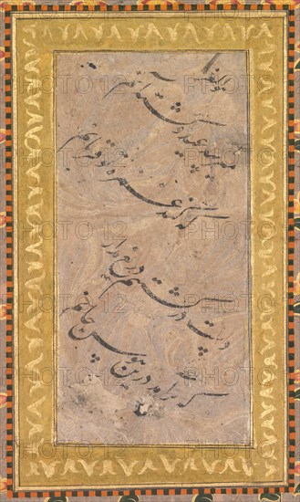 Calligraphy, c. 1650. India, Mughal, 17th century. Black ink on marbled paper, a Persian quatrain in calligraphy (verso); page: 35.2 x 22.1 cm (13 7/8 x 8 11/16 in.).