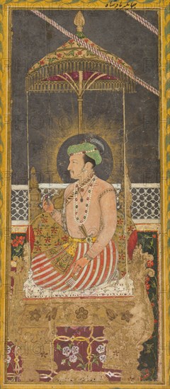 Posthumous portrait of Emperor Jahangir under a canopy (recto); Calligraphy (verso), c. 1650. India, Mughal, 17th century. Opaque watercolor and gold on paper, borders with floral motifs in colors and gold (recto); black ink on marbled paper, a Persian quatrain in calligraphy (verso); page: 35.2 x 22.1 cm (13 7/8 x 8 11/16 in.).