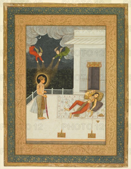 The dream of Zulaykha, from the Amber Album, c. 1670. India, Mughal, 17th century. Opaque watercolor with gold on paper, pink and blue borders decorated with gold foliate motifs, text on verso; page: 32 x 24.4 cm (12 5/8 x 9 5/8 in.).