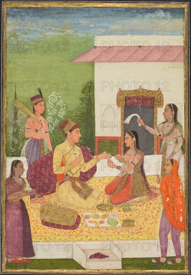 A prince conversing with a woman while taking refreshments on a terrace (recto); Calligraphy (verso), c. 1710-1720. India, Mughal, 18th century. Opaque watercolor with gold on paper, blue and buff borders (recto); ink on paper, script from Sadi's Bustan (verso); page: 30.5 x 24.1 cm (12 x 9 1/2 in.).
