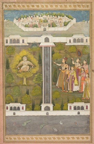 Mahliqa, Daughter of the Emperor of China, Pointing at the Bird-Man Khwaja Mubarak: A Leaf from a Poetical Romance Relating to Shah Alam I, c. 1710. India, Mughal, early 18th century. Opaque watercolor with gold on paper (recto); page: 42.2 x 28.5 cm (16 5/8 x 11 1/4 in.).