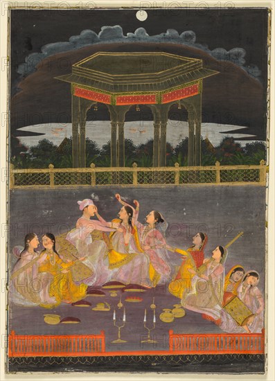 A prince celebrating Holi with palace women on a terrace at night; verso: calligraphy of a quatrain, c. 1760. India, Farrukhabad, Mughal, 18th century. Opaque watercolor and gold on paper (recto); ink on paper, four lines of Persian poetry (verso); page: 28.2 x 20.2 cm (11 1/8 x 7 15/16 in.).