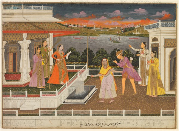 A blindfolded suitor is brought before a princess, 1755. Fayzullah (Indian, active c. 1730–1765). Opaque watercolor and gold on paper (recto)