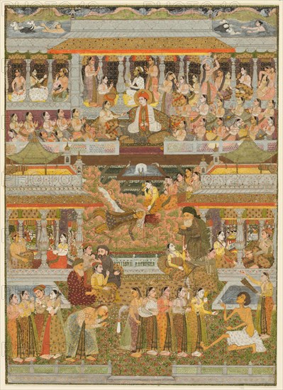 Lovers and beloveds: A composite of scenes from Persian, Urdu, and Sanskrit literature, c. 1735. Chitarman II (Indian, c. 1680–?. 1750). Opaque watercolor with gold on paper; painting: 41.2 x 29.6 cm (16 1/4 x 11 5/8 in.).