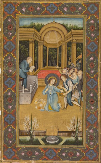 Jesus among the doctors in the Temple, c. 1760. Mir Kalan Khan (Indian, c. 1730–1775). Opaque watercolor with gold on paper, floral borders in colors on gold ground; page: 35.5 x 25.3 cm (14 x 9 15/16 in.).