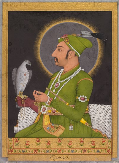 Posthumous portrait of the Mughal emperor Muhammad Shah (reigned 1719-1748) holding a falcon, 1764. Muhammad Rizavi Hindi (Indian, active mid-1700s). Opaque watercolor, ink, and gold on paper (recto); page: 28 x 23.8 cm (11 x 9 3/8 in.).