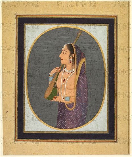 Court lady singing and playing the vina, c. 1760. India, Lucknow, Mughal, 18th century. Opaque watercolor, ink, and gold on paper (recto); miniature: 21.6 x 16.8 cm (8 1/2 x 6 5/8 in.).